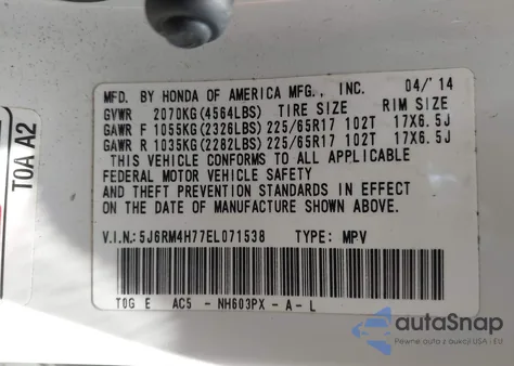 2014 Honda Cr-V Ex-L z USA, uszkodzony, nr VIN 5J6RM4H77EL071538